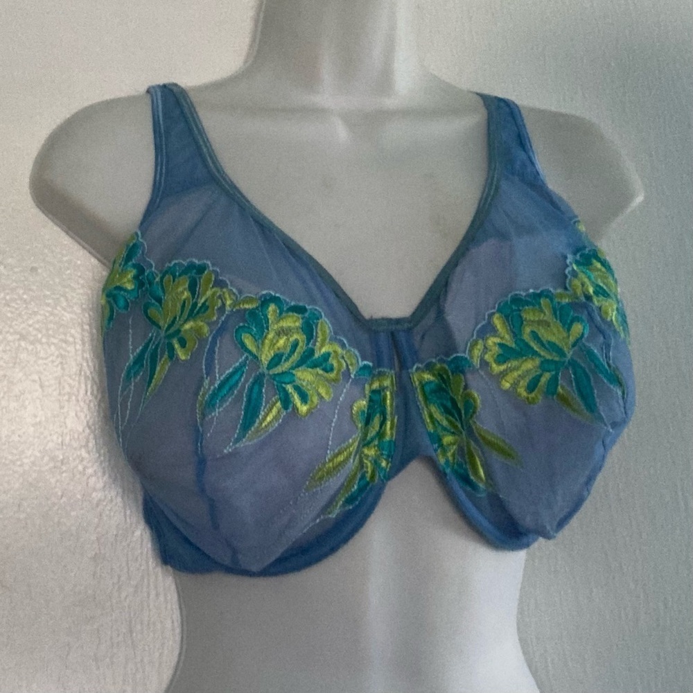 Cacique Sexy Sensual Sheer Embroidered Underwire Bra 44D Blue Yellow